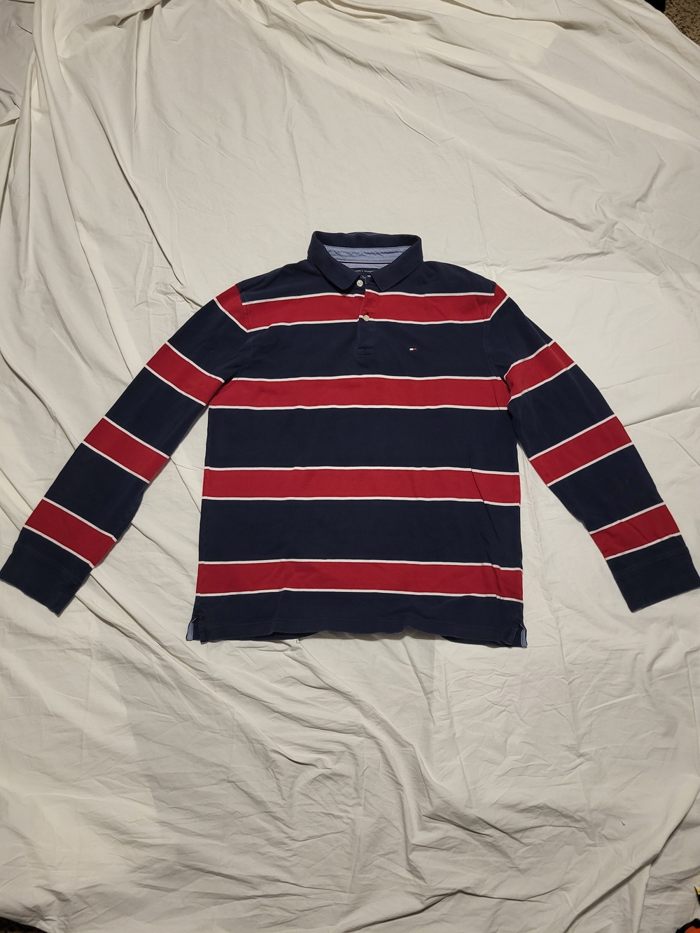 Tommy Hilfiger Men's Long Sleeve Striped Rugby Polo Shirt - Navy & Red - Size XL